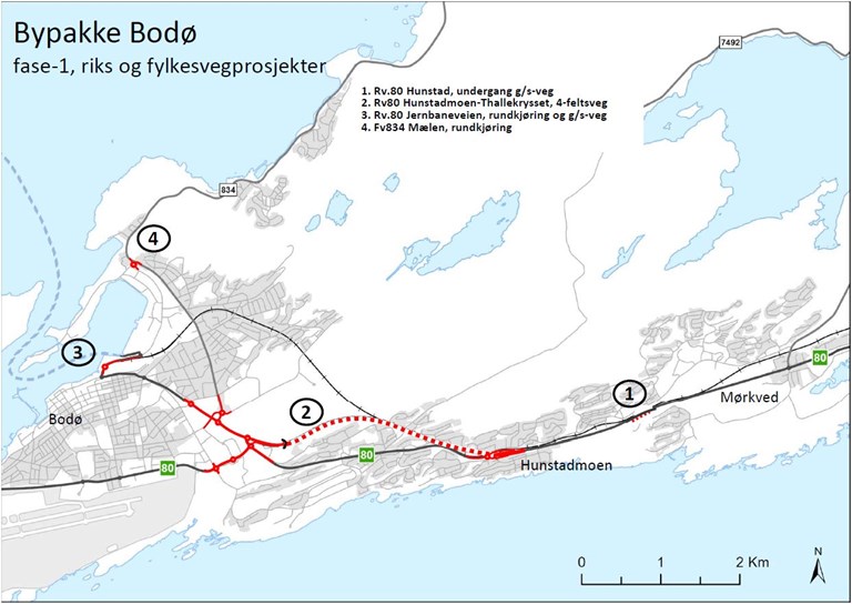 Kart som viser hvor tiltakene ligger i Bypakke Bodø fase 1
