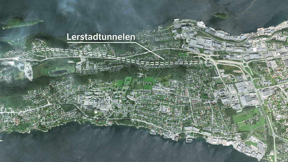 Luftfoto med innteikna illustrasjon for vegstrekket E136 Breivika-Lerstad.