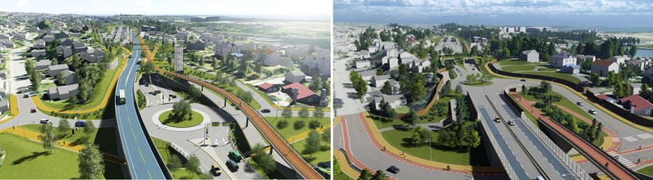 Sett fra vest: Opprinnelig reguleringsplan til venstre, og ny foreslått løsning til høyre uten bussvei.