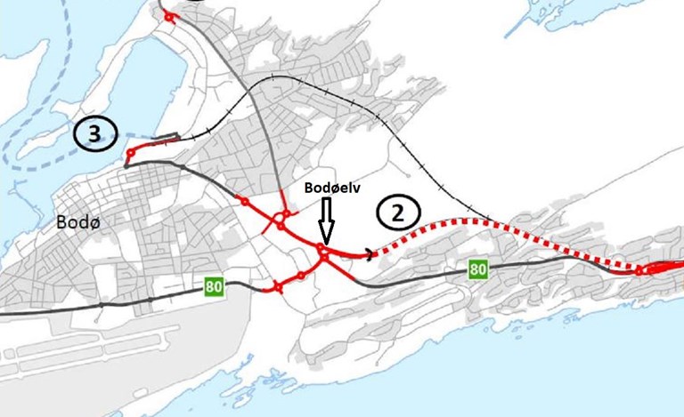 Bilde viser et kart over utbyggingen Bypakke Bodø, del I. der. Elveparken. Bodøelv, er markert i kartet ved rundkjøringene rett vest for tunnelåpningene på rv. 80.
