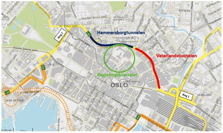 Hammersborgtunnelen og Vaterlandtunnelen i sammenheng med regjeringskvartalet.