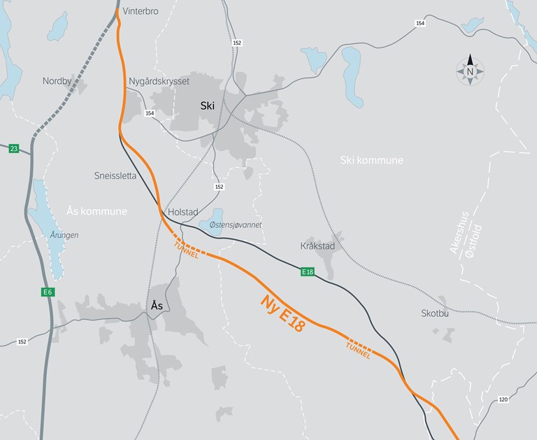 Oversiktskart som viser planlagt E18 Retvet-Vinterbro