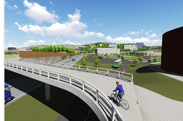 11. Gang og sykkelbro over ny lokalvei med nye kollektivterminal og Hagablokkene i bakgrunnen