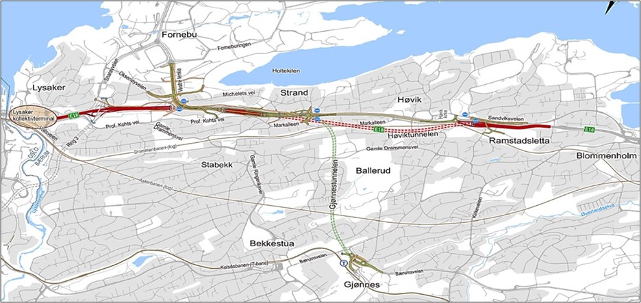 Kartskisse som viser helprosjektet E18 Lysaker-Ramstadsletta