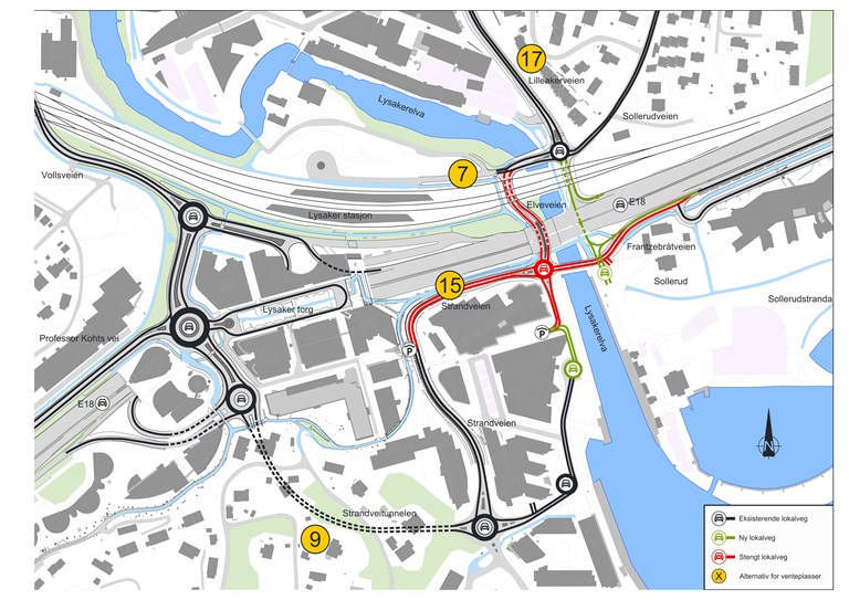 Kartskissen viser nye og eksisterende lokalveier samt hvilke lokalveier som stenges for biltrafikk. Foreslåtte lokalveiløsninger er like for alle fire utredningsalternativer.
