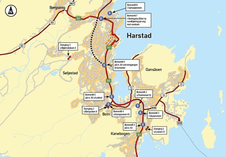 Kart som viser hvor bomstasjonene i Harstadpakken er plassert.