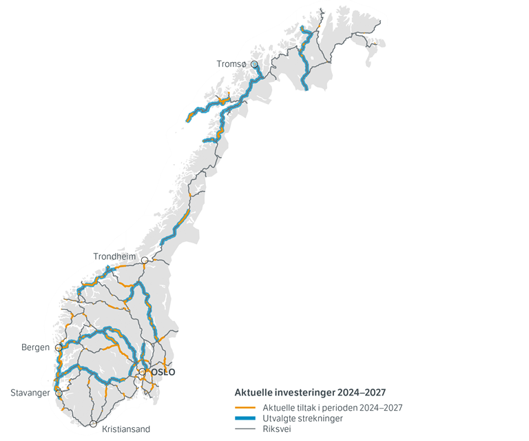 Norgeskart med markering av tiltak i gjennomføringsplanen