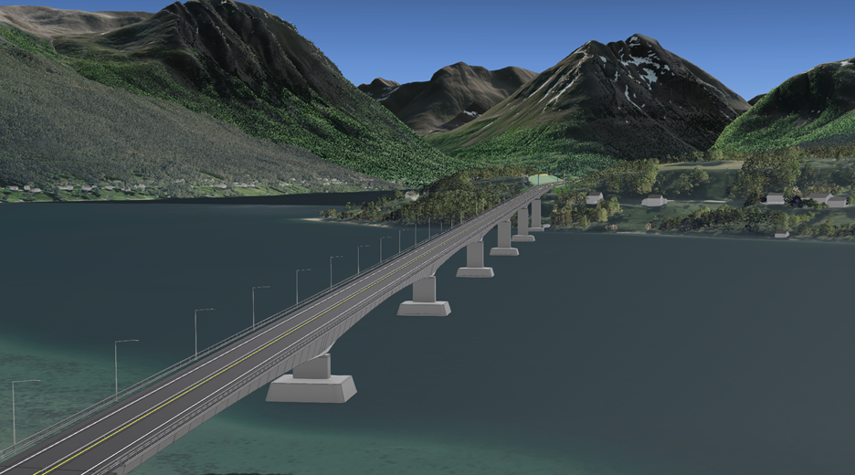 Bildet viser en 3D-modell av bruen som skal gå over Ramfjorden, når ny E8 står ferdig. 