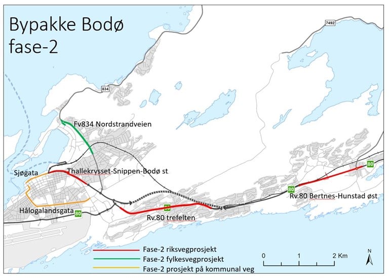 Kart som viser hvor nye tiltak i fase 2 av Bypakke Bodø skal gjennomføres.