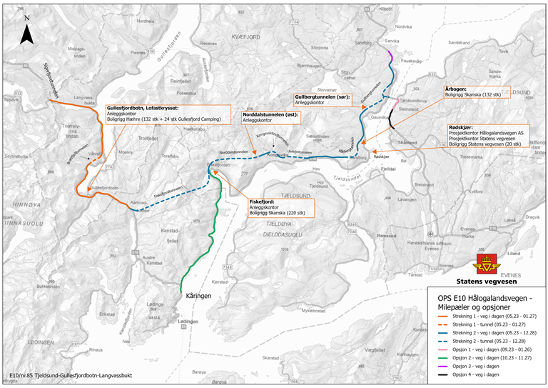 Oversiktskart: Kartet viser OPS-prosjektet E10 Hålogalandsvegen med riggområder langs traseen som skal bygges. Illustrasjon: Statens Vegvesen.