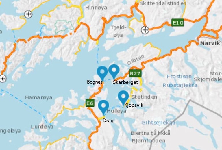 Kart som viser de fire ferjeleiene i sambandet rv. 827 Drag-Kjøpsvik og E6 Bognes-Skarberget over Tysfjorden i Nordland.