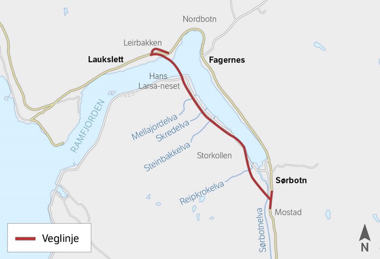 Kart som viser traseen til ny E8 gjennom Ramfjord.