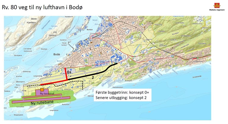 Oversiktskart som viser anbefalt veg til Bodøs nye lufthavn. Midlertidig trase i rødt og permanent løsning i svart. Illustrasjon: Statens vegvesen 