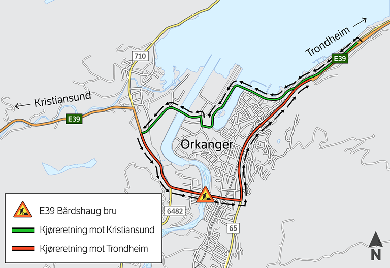 Inntil helstengingen er avsluttet vil trafikken i begge retninger gå via omkjøringsveien (grønn linje i illustrasjonen). Kart: Statens vegvesen.