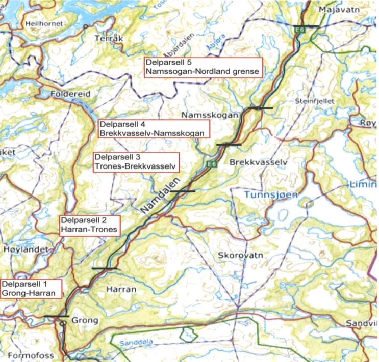 Karter viser delparsellene som skal bygges eller utbedres i det 94 kilometer lange utbedringsprosjektet på E6 fra Grong i Trøndelag til Nordland grense. Illustrasjon: Statens vegvesen. 