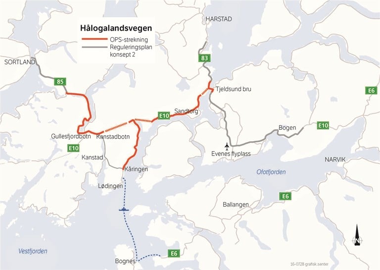 Oversiktskart der OPS-prosjektet E10 Hålogalandsvegen er markert med rødt.