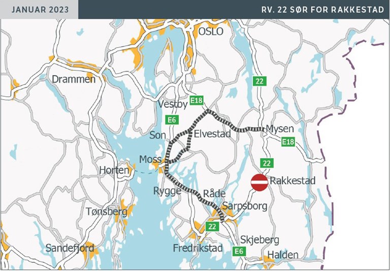 Kart som viser anbefalt omkjøring når vi stenger rv. 22 sør for Rakkestad. Illustrasjon.
