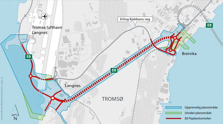 Illustrasjonen viser en forklarende tegning over planområdet og planlagt nytt vegsystem mellom Breivika og Langnes