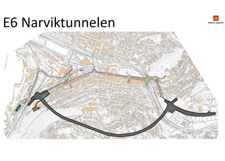 Illustrasjonen er et kart over Narvik by der den fremtidige  E6 Narviktunnelen er  tegnet inn. 