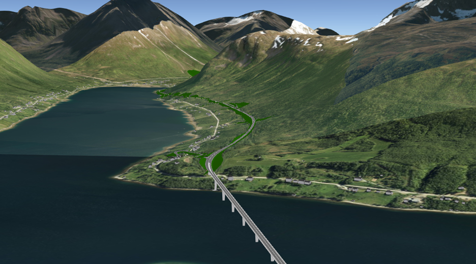 Illustrasjon som viser Ramfjord bru og ny E8 inn mot Sørbotn. Vy vel skal bygges på den sør-vestlige siden av Ramfjorden. Dagens E8 ligger på den nord-østlige siden av fjorden. 