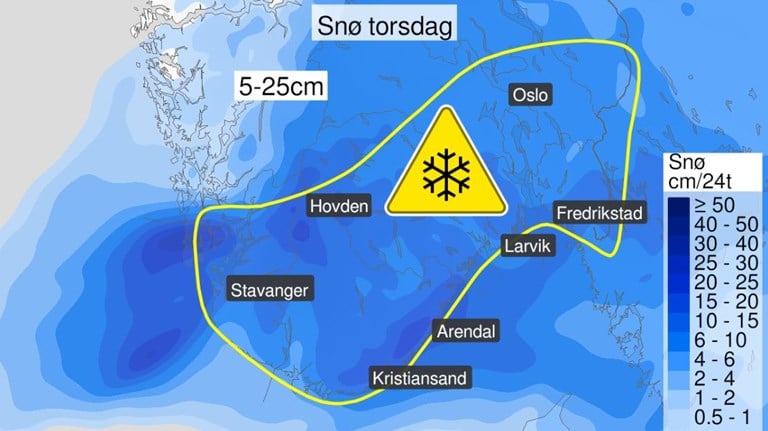 Snøværet treffer store deler av Sør-Norge, fra Stavanger til svenskegrensa. (Grafikk: Meteorologisk institutt)