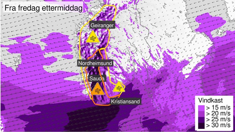 Farevarselet fra Meteorologisk institutt viser kraftige vindkast i Agder og indre strøk av Rogaland og Hordaland. (Grafikk: Meteorologisk institutt)