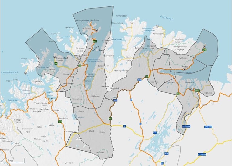 Fem firma vil drifte elektro på riksvegene i Finnmark. Kartet viser kontraktsgrensene.