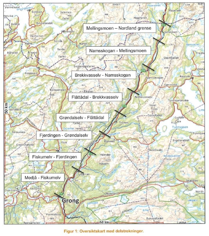 Kart som viser utbedringsprosjektet E6 Grong-Nordland grense med delstrekninger. 