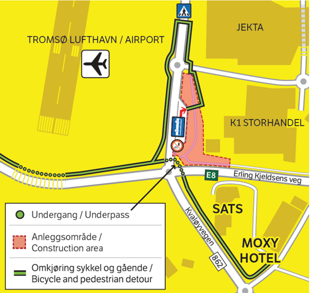 Construction work is ongoing. For your own safety use the Bicycle and Pedestrian detour while Giæverbukta public transport terminal is being rebuilt. Follow the green line on the map.