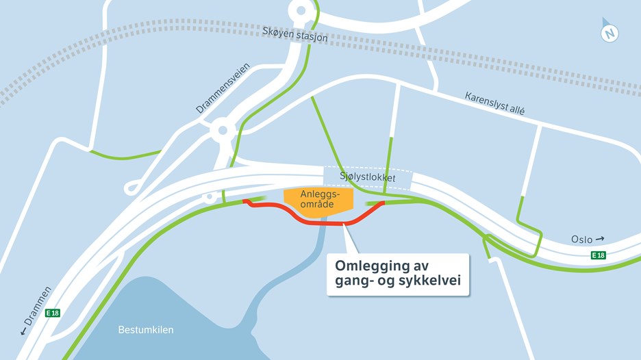Ved Sjølystlokket og marinaen: gang- og sykkelvegen legges om midlertidig forbi anleggsområdet.