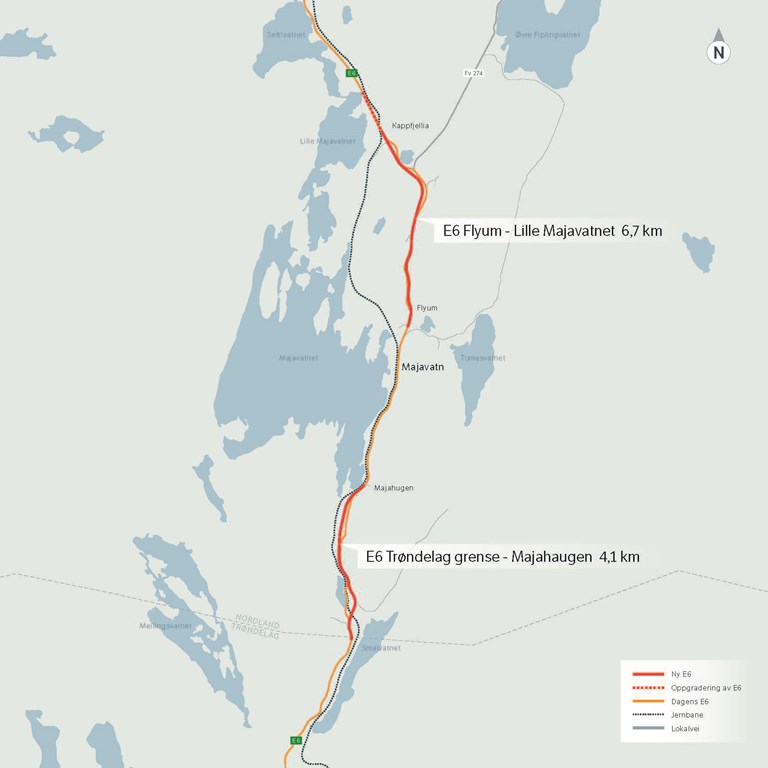 Illustrasjonen viser et kart over delstrekningen E6 Trøndelag grense–Lille Majavatn, som er en del av E6 Helgeland. 