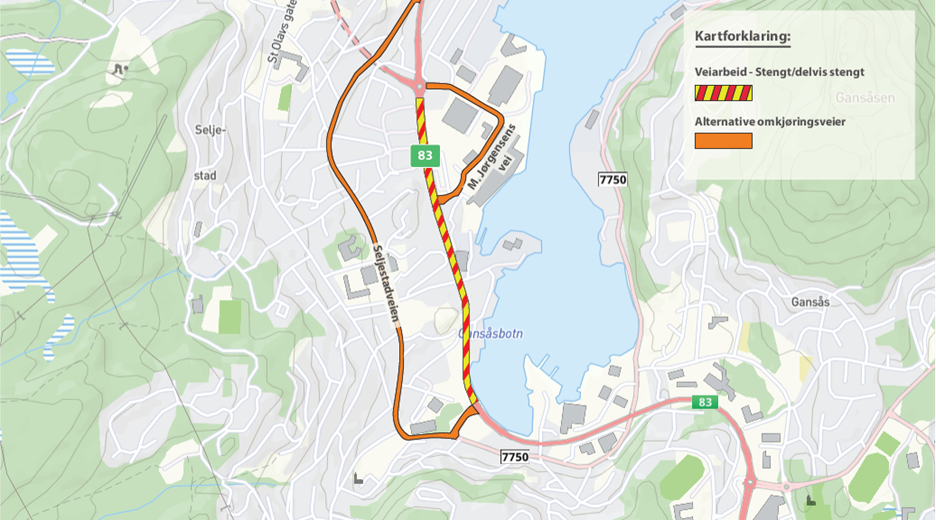 Kart som viser hvilken del av rv.83 som skal stenges, og mulige omkjøringsruter om Margrethe Jørgensens vei og Seljestadveien. Illustrasjon: Statens vegvesen