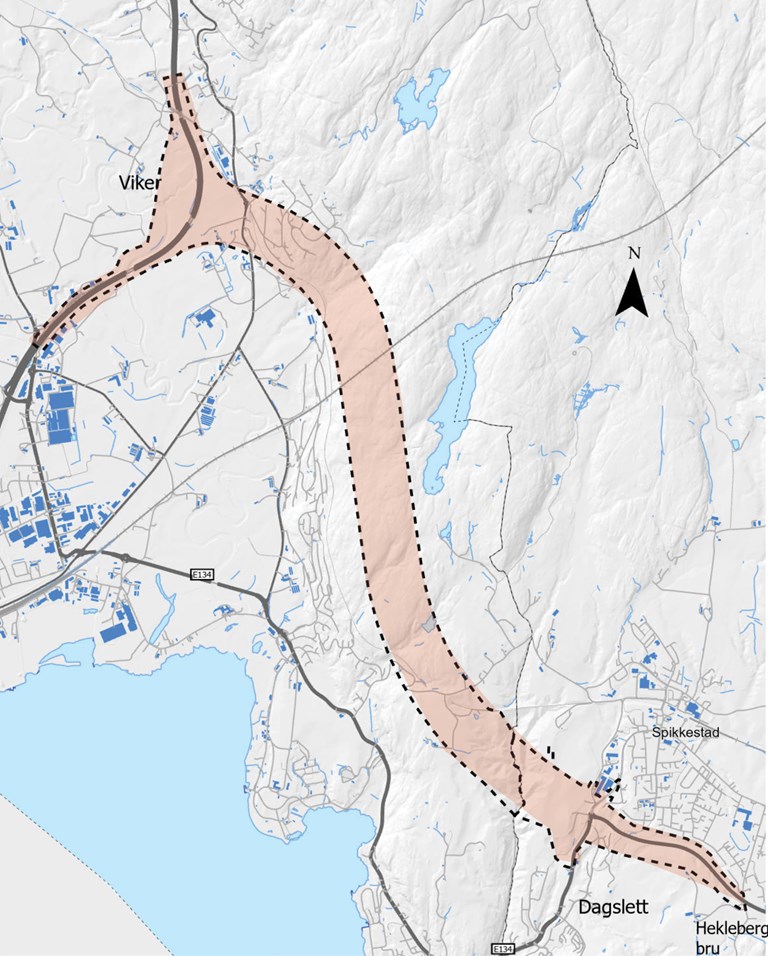 Illustrasjon som viser de varslede planavgrensninger for E134 Dagslett–E18