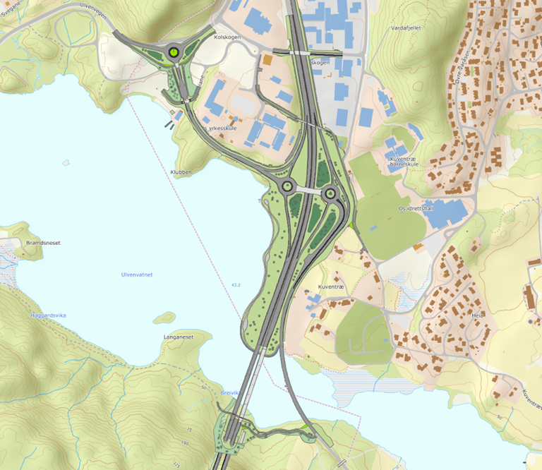 Slik blir det nye krysset på Kolskogen med nye E39 Stord-Os (Hordfast) .