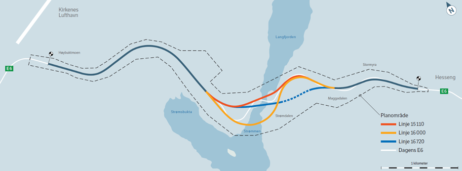 Illustrasjonen viser et kart over de ulike linjealternativene som foreslås utredet mellom Høybukta og Hesseng. 