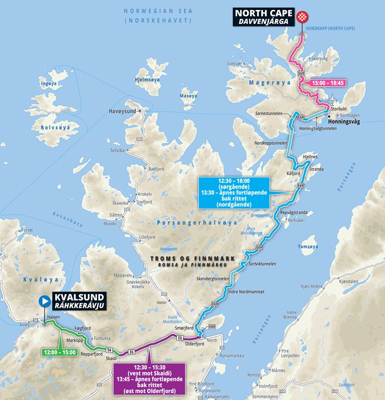 Stengetidspunkter for berørte veier for etappe 4 av Arctic Race, 20. august.