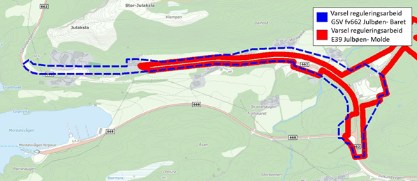 Kart som viser avgrenset planområde for reguleringsplanarbeid og tidligere varslet planområde for E39 Julbøen–Molde