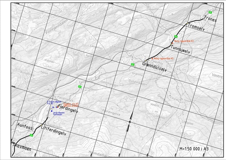 Oversiktskart som viser hvor de ulike tiltak og utbedringer i kontrakten (K3) ligger på E6 sør for Trones i Trøndelag. 
