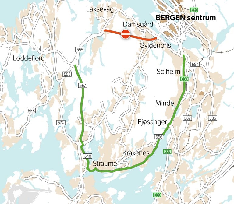 Kart som viser anbefalt omkjøringsrute via Kråkenes, Straume og Knappetunnelen.