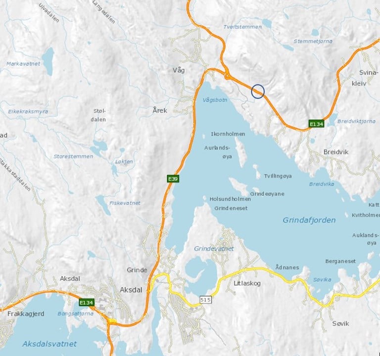 Kartet viser hvor trafikklommen på E134 Våg ligger.