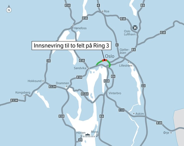 Kartplassering av arbeidene og innsnevringen på Ring 3.