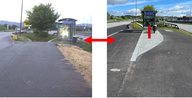 Eksempel på før- og etterbilde av busskur i forbindelse med dette prosjektet. Før til venstre, etter til høyre.