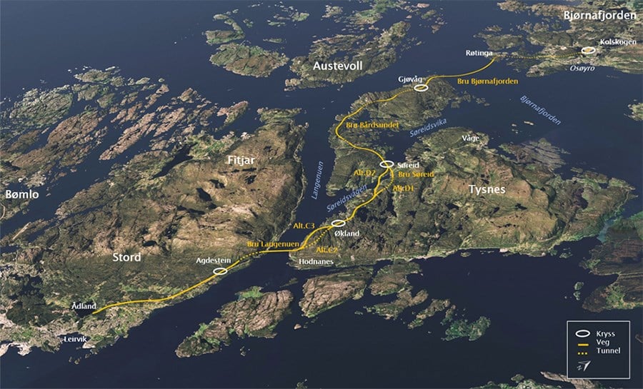 Oversiktskart E39 Stord-Os Reguleringsplan (Illustrasjon COWI for Statens vegvesen).