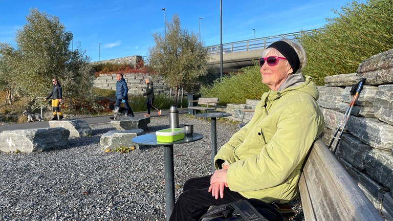 Bildet viser pensjonisten Tordis Jørgensen som sitter på en benk i Elveparken. Hun bor midt i byen, men bruker ofte elveparken til rekreasjon.  Foto: Knut Haarvik, Statens vegvesen