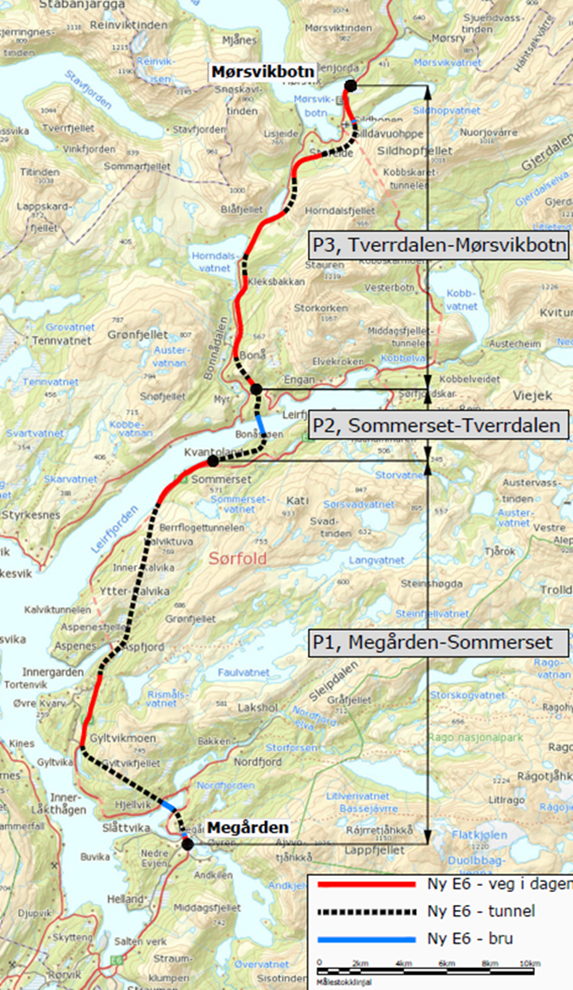 Illustrasjon som viser veitraséen til E6 Megården-Mørsvikbotn