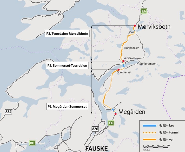 Bildet viser et kart over utbyggingsprosjektet E6 Megården-Mørsvikbotn og de tre byggetrinnene i prosjektet. Det er anbudskonkurransen for første byggetrinn, E6 Megården-Sommerset, som nå er utlyst.