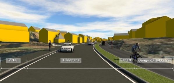 Prinsippskisse for opprustingen av Griniveien med kjørebane, gang- og sykkelvei og fortau.