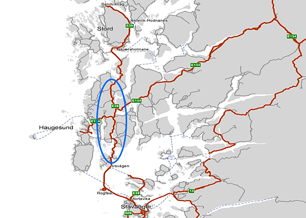 Rambøll skal utarbeide kommunedelplan med konsekvensutgreiing  for strekninga E39 Bokn-Sveio (Illustrasjon: Statens vegvesen).