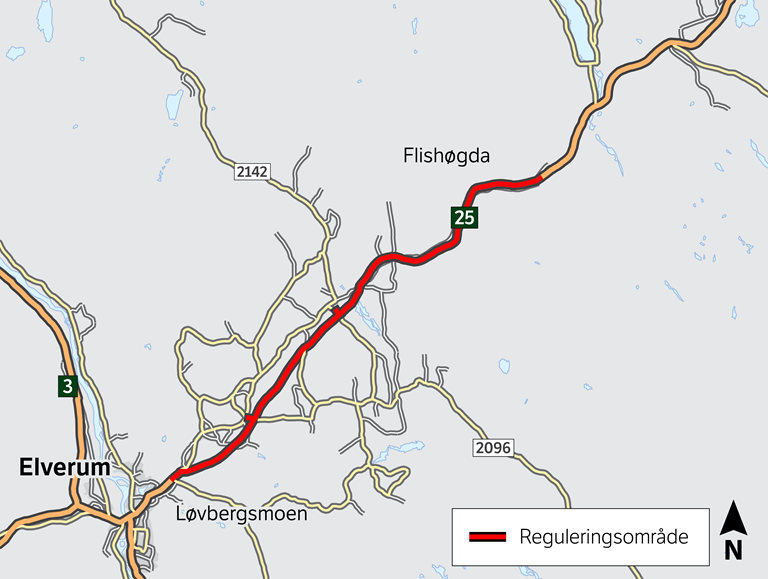 Kart over planområdet for rv. 25 Løvbergsmoen-Flishøgda i Elverum kommune.