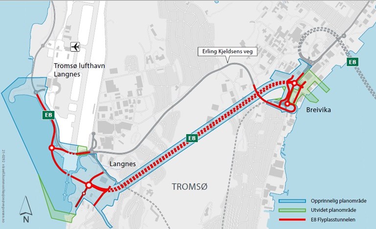 Planområdet for E8 Flyplasstunnelen og F2-lenke. Illustrasjon: Statens vegvesen. 